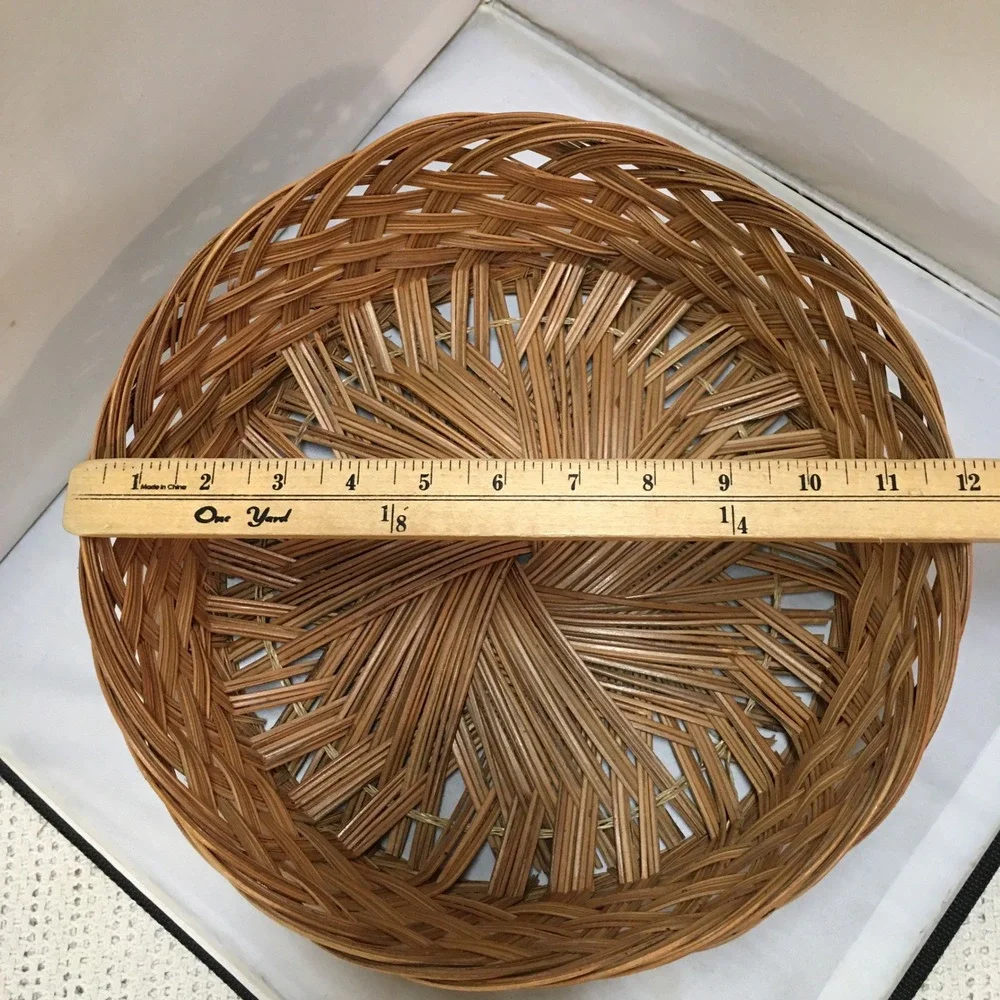 Woven Wicker Basket Unisex 12 Inch Brown Round Decorative Bowl Cottagecore